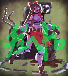 1girl :d air_conditioner belt black_eyes boots bow breasts brown_belt brown_boots brown_gloves brown_hair chest_sarashi commentary_request cookie_(touhou) crop_top detached_sleeves electric_fan empty_eyes fang full_body gloves green_background grey_sleeves hair_bow hair_tubes hakurei_reimu highleg highleg_panties highres indoors industrial_pipe large_breasts leg_warmers long_hair looking_at_viewer midriff navel noel_(cookie) open_mouth panties poop red_bow red_shirt red_skirt sarashi shirt skin_fang skirt skirt_set sleeveless sleeveless_shirt smile standing standing_on_one_leg toilet touhou ukiwagirl underwear
