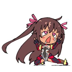 1girl :&lt; ahegao black_leotard blush_stickers breasts brown_hair chibi dark-skinned_female dark_skin derp_face full_body hair_ribbon high_ponytail kneeling leotard long_hair mizuki_yukikaze nipples one-piece_tan parody pink_eyes ponytail ribbon rolling_eyes saliva shiny_clothes smile taimanin_(series) taimanin_suit taimanin_yukikaze taimanun tan tanline tears transparent_background trembling twintails v very_long_hair wavy_eyes wavy_mouth