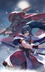 2boys absurdres ainu_clothes arm_guards back-to-back battoujutsu_stance blue_hair commentary_request fighting_stance full_moon genjimaru_(utawarerumono) highres jachdwalt japanese_clothes katana kureta_(nikogori) long_hair moon multiple_boys night night_sky official_art old old_man one_eye_closed ponytail ready_to_draw sky smile smoking_pipe sword utawarerumono utawarerumono:_lost_flag weapon
