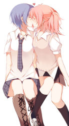 10s 2girls akuma_no_riddle azuma_tokaku bad_id bad_pixiv_id black_skirt black_socks blue_hair blue_necktie closed_eyes collarbone ichinose_haru kiss kneehighs multiple_girls necktie pink_hair pleated_skirt qiao_xing school_uniform shirt short_hair short_twintails simple_background skirt socks twintails white_background white_shirt yuri