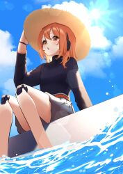 1girl :o a.i._voice absurdres adachi_rei android belt black_shirt blue_sky blush cloud day flat_chest grey_shorts hashtag-only_commentary hat headphones highres long_sleeves looking_ahead medaka_h2 medium_hair on_floor orange_belt orange_eyes orange_hair pool shirt shorts sitting sky soaking_feet solo straw_hat sun sun_hat utau water yellow_hat