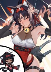 Rule 34 | 1girl, aged up, animal ears, black hair, breasts, brown eyes, cleavage, closed eyes, closed mouth, facial mark, forehead mark, large breasts, looking at viewer, nekomiya mana, paw pose, pink nails, smile, tail, yueyueyue yao, zenless zone zero