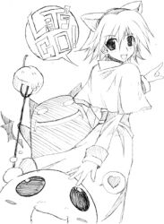 Rule 34 | 1girl, 2000s (style), acolyte (ragnarok online), animal ears, aqua (prescott), capelet, cat ears, commentary request, cowboy shot, demon, deviruchi, english text, fake animal ears, greyscale, holding, holding pitchfork, looking at viewer, looking back, lowres, monochrome, open mouth, pitchfork, poring, ragnarok online, short hair, simple background, sketch, skirt, slime (creature), smile, solo