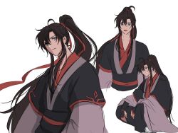1boy :d ahoge black_hair black_hanfu black_pants chinese_clothes closed_mouth grey_eyes hair_between_eyes hair_ribbon hanfu high_ponytail highres long_hair long_sleeves looking_at_viewer male_focus modao_zushi multiple_views open_mouth pants parrrrrrrrko ponytail red_ribbon ribbon robe sash sidelocks simple_background sitting sleeves_past_wrists smile sweatdrop upper_body very_long_hair wei_wuxian white_background wide_sleeves