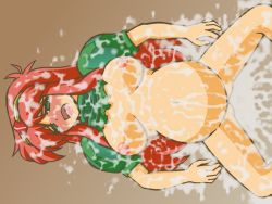 Rule 34 | 1girl, aftersex, blush, breasts, bukkake, cum, cum on body, cum on breasts, cum on clothes, cum on hair, cum on lower body, cum on upper body, cum pool, facial, final fantasy, final fantasy mystic quest, green eyes, inflation, karen (ffmq), long hair, lunatiris, nipples, red hair, stomach bulge, tiara, torn clothes