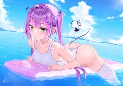 1girl absurdres alternate_costume bare_shoulders black_tail blue_sky breasts collarbone demon_girl demon_tail earrings green_eyes highres hololive jewelry lying medium_breasts ocean on_stomach one-piece_swimsuit partially_submerged purple_hair red_o7 sky solo sunlight swimsuit tail tokoyami_towa virtual_youtuber white_one-piece_swimsuit