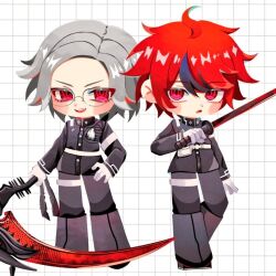 2boys ahoge aotsuki_eito black_hair black_pants black_shirt blush chibi chibi_only full_body glasses gloves grey_hair hair_between_eyes hand_on_own_hip holding holding_scythe holding_sword holding_weapon last_defense_academy_school_uniform looking_at_viewer male_focus messy_hair multicolored_hair multiple_boys open_mouth pants parted_hair red_eyes red_hair scythe shirt simple_background sumino_takumi sword teeth the_hundred_line_-last_defense_academy- upper_teeth_only weapon white_background white_gloves
