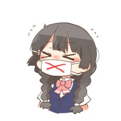 &gt;_&lt; 1girl black_hair blush blush_stickers bow braid cardigan_vest chibi closed_eyes collared_shirt cropped_torso facing_viewer flying_sweatdrops long_hair low_twintails mask mouth_mask nijisanji nose_blush pink_bow rebecca_(keinelove) school_uniform shirt short_sleeves simple_background solo tsukino_mito tsukino_mito_(summer_uniform) twin_braids twintails upper_body very_long_hair virtual_youtuber white_background white_shirt