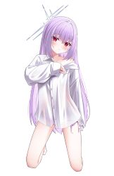 1girl absurdres alternate_costume atsuko_(blue_archive) bare_legs barefoot blue_archive blue_halo commentary hair_between_eyes halo highres long_hair looking_at_viewer panties purple_hair purple_panties red_eyes shira_jun shirt simple_background solo thighs underwear white_background white_shirt
