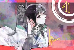 arm_support artemis_of_the_blue atelier_live black_eyes black_hair blunt_bangs ca.cakil hair_ribbon highres hood hood_down hoodie looking_at_viewer looking_to_the_side lying mole mole_under_eye on_stomach pale_skin ponytail ribbon shark_girl virtual_youtuber yellow_text