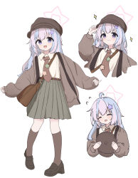 Rule 34 | 1girl, absurdres, ahoge, bag, belt, blue archive, blue hair, brown belt, brown jacket, brown necktie, brown shoes, brown sleeves, brown socks, collared shirt, facing viewer, hair down, hair ornament, halo, hat, highres, holding, holding unworn clothes, holding unworn hat, jacket, kneehighs, long hair, long sleeves, multicolored hair, necktie, open mouth, pink hair, pleated skirt, puffy sleeves, reisa (blue archive), shirt, shoes, simple background, skirt, smile, socks, star (symbol), star hair ornament, twintails, two-tone hair, unworn hat, unworn headwear, user uecy3552, white shirt