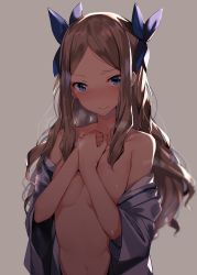 Rule 34 | 1girl, asakaze (kancolle), bare shoulders, blue eyes, blue ribbon, blurry, blush, breasts, brown hair, collarbone, depth of field, female focus, grey background, hair ribbon, hands on own chest, japanese clothes, kantai collection, kimono, long hair, looking at viewer, off shoulder, open clothes, open kimono, orihi chihiro, own hands together, parted bangs, ribbon, shiny skin, sidelocks, simple background, three-quarter sleeves, small breasts, solo, sweat, upper body, wavy hair, wide sleeves