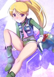 1girl blonde_hair blue_eyes blue_vest boots closed_mouth fold-over_boots gloves green_boots green_helmet green_leotard hair_ribbon helmet highres himehachi_(hime8manga) kamikita_keiko leotard long_hair muteki_choujin_zambot_3 necktie pink_ribbon ponytail ribbon sitting smile solo split_mouth square-end_necktie unworn_headwear unworn_helmet vest white_gloves yellow_necktie