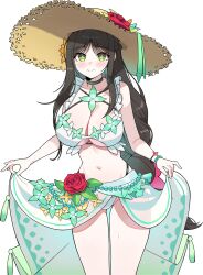 Rule 34 | 1girl, absurdres, bikini, black choker, black survival, braid, breasts, brown hair, choker, cleavage, closed mouth, clothing cutout, clover, clover-shaped pupils, commentary request, cowboy shot, dalgam12, eternal return: black survival, flower, frilled bikini, frills, green eyes, gweon sua, gweon sua (summertime), hair flower, hair ornament, half up braid, halterneck, hat, hat flower, highleg, highleg bikini, highres, korean commentary, large breasts, long hair, looking at viewer, low-braided long hair, low-tied long hair, navel, official alternate costume, red flower, sarong, shamrock, simple background, skirt hold, smile, solo, standing, stomach, sun hat, swimsuit, symbol-shaped pupils, thighs, underboob, underboob cutout, very long hair, white background, white bikini, white sarong
