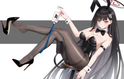 alternate_costume animal_ear_hairband animal_ears bare_arms bare_shoulders black_bow black_bowtie black_hair black_hairband black_leotard black_pantyhose black_shoes blue_archive blush bow bowtie closed_mouth detached_collar fake_animal_ears hair_behind_ear hair_ornament hairband hairclip high_heels highres id_card leotard long_hair looking_at_viewer pantyhose playboy_bunny rabbit_ear_hairband rabbit_ears red_eyes rio_(blue_archive) shoes strapless strapless_leotard wrist_cuffs xnnagu
