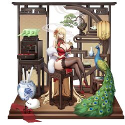 Rule 34 | 1girl, alabama (warship girls r), aqua eyes, artist request, bird, black thighhighs, blonde hair, blush, breasts, china dress, chinese clothes, cleavage cutout, clothing cutout, crossed legs, dress, earrings, folding fan, grin, hair between eyes, hair ornament, hand fan, high heels, highres, holding, holding fan, jewelry, jewelry box, lantern, large breasts, long hair, looking at viewer, official alternate costume, official art, paper lantern, patent heels, peacock, pelvic curtain, pumps, red dress, red shoes, shoes, sitting, sleeveless, sleeveless dress, smile, stiletto heels, thighhighs, very long hair, warship girls r, white fur