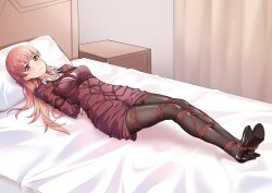 1girl absurdres arms_behind_back bdsm bed bed_sheet bedroom between_breasts between_legs between_thighs black_pantyhose black_shoes blush bondage bound bound_arms bound_breasts bound_legs bound_torso bow breast_bondage breasts brown_eyes clenched_hand clothes_lift collared_jacket collared_shirt commission crotch_rope curtains embarrassed female_focus hair_ornament hair_ribbon high_heels highres indoors jacket legs_together long_hair looking_at_viewer looking_to_the_side looking_up medium_breasts momose_narumi nightstand office_lady otaku_ni_koi_wa_muzukashii pantyhose perky_breasts pink_bow pink_hair pixiv_commission red_jacket red_rope red_skirt ribbon rope shibari shibari_over_clothes shirt shoes sidelocks skirt skirt_lift smile solo t_zhonglang white_bed white_shirt