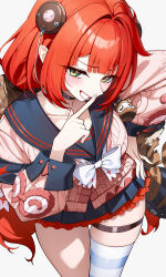 Rule 34 | 1girl, absurdres, black choker, black sailor collar, blush, braid, cardigan, choker, collarbone, commentary, goeleu, green eyes, grey background, highres, index finger raised, kama (zenless zone zero), looking at viewer, pink cardigan, sailor collar, school uniform, simple background, single thighhigh, solo, standing, striped clothes, striped thighhighs, thigh strap, thighhighs, thighs, twin braids, ukinami yuzuha, zenless zone zero