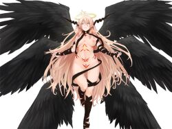 Rule 34 | 1girl, angel, angel wings, black ribbon, black wings, blonde hair, blue eyes, breasts, closed mouth, feathered wings, full-body tattoo, game cg, hair between eyes, halo, large breasts, light frown, long hair, micaela (mon-musu quest!), mon-musu quest!, mon-musu quest: paradox, multiple wings, naked ribbon, navel, nipples, nude, nuppehofu (nibuta), outstretched arms, pointy ears, ribbon, tattoo, variant set, very long hair, wings, yellow halo