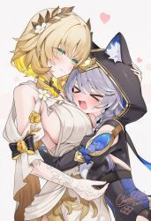 &gt;_&lt; 2girls aglaea_(honkai:_star_rail) animal_ears black_hoodie blonde_hair braid breasts cat_ears cat_girl chocolatart0w0 cipher_(honkai:_star_rail) crying grey_hair highres honkai:_star_rail honkai_(series) hood hoodie large_breasts multiple_girls open_mouth short_hair sideboob simple_background smile white_background