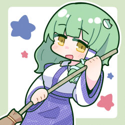1girl :d bare_shoulders blue_skirt blunt_bangs blush_stickers border breasts broom collared_shirt detached_sleeves dot_nose frog_hair_ornament green_border green_hair hair_ornament hair_tubes highres holding holding_broom kochiya_sanae large_breasts long_hair long_sleeves open_mouth patterned_clothing print_skirt shirt simple_background single_hair_tube single_sidelock skirt skirt_set sleeveless sleeveless_shirt smile snake_hair_ornament solo star_(symbol) torotein touhou upper_body wide_sleeves yellow_eyes