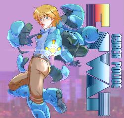 1girl aiming aiming_at_viewer arm_cannon armor badge bandaid bandaid_on_face bandaid_on_nose bb9_megadrive blonde_hair blue_eyes blurry blurry_background boots city cityscape commentary_request cover cyber_police_eswat duke_oda fake_cover firing game_console genderswap genderswap_(mtf) gun helmet highres jetpack looking_back machine_gun mecha muzzle_flash open_mouth police police_uniform policewoman power_armor robot science_fiction sega sega_mega_drive thrusters undressing unworn_headwear unworn_helmet video_game_cover weapon