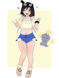 1boy ;d anklet bare_shoulders bead_anklet beads black_hair blue_shorts bracelet bulge calem_(pokemon) collarbone commentary_request cosplay double_v espurr gen_6_pokemon grey_eyes happy heart highres jewelry knees looking_at_viewer male_focus medium_hair midriff navel nintendo one_eye_closed open_mouth pokemon pokemon_(creature) pokemon_masters_ex pokemon_xy sana_(37pisana) sandals shorts skyla_(pokemon) skyla_(pokemon)_(cosplay) skyla_(summer_2025)_(pokemon) smile teeth toes tongue upper_teeth_only v