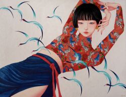 1girl animal_print arms_up bird black_hair blue_eyes blunt_bangs bowl_cut crop_top earrings eyelashes flat_chest gouache_(medium) hair_behind_ear high-waist_skirt highres jewelry lips looking_to_the_side mixed-language_commentary multilingual_commentary nail_polish nose original painting_(medium) realistic red_nails ring side_slit skirt tiger_print traditional_media turtleneck zipcy
