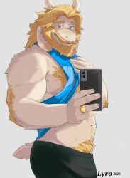 1boy animal_ears artist_name asgore_dreemurr bara beard belly biceps black_pants blonde_hair blue_tank_top chest_hair clothes_lift commentary dated english_commentary facial_hair floppy_ears furry furry_male goat_ears goat_horns goat_tail gold_ring highres holding holding_phone horns looking_at_viewer lyro male_focus open_mouth pants phone shirt_lift stomach_hair tank_top undertale