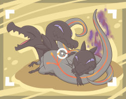 atusix closed_eyes closed_mouth commentary_request framed gen_7_pokemon looking_at_viewer nintendo no_humans open_mouth pokemon pokemon_(creature) salandit smile tongue viewfinder