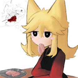 1girl absurdres animal_ears bad_id bad_twitter_id black_eyes blonde_hair blush_stickers bright_pupils censored collared_shirt commentary english_commentary english_text food food_in_mouth funamusea guro hair_between_eyes highres iesonatana imagining inactive_account kurai_yonaka long_hair long_sidelocks long_sleeves lord_prosciutto meat moge-ko mogeko_(species) mogeko_castle mosaic_censoring mouth_hold red_shirt shirt sidelocks solo speech_bubble thought_bubble upper_body white_pupils