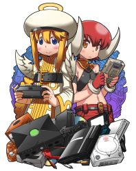 2girls bad_id bad_tumblr_id bare_shoulders belt_bra blonde_hair blue_eyes blush cable controller denshi_yuugi_mokushiroku dualshock eleca fingerless_gloves game_boy game_boy_(original) game_console game_controller gamecube gamepad gloves halo halterneck handheld_game_console hat highres horns long_hair matsuda_yuusuke midriff mini_wings multiple_girls nintendo_3ds playing_games playstation_1 playstation_2 playstation_3 playstation_controller playstation_portable playstation_vita red_hair sega_dreamcast sega_saturn short_hair tesera wii wings xbox_(original) yellow_eyes