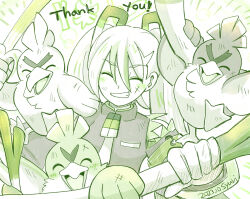 1girl armband bird blush closed_eyes commentary creatures_(company) dated duck facing_viewer farfetch&#039;d fighting_miku_(project_voltage) food galarian_farfetch&#039;d game_freak gen_1_pokemon gen_8_pokemon grin hair_between_eyes happy hatsune_miku holding holding_food holding_vegetable long_hair monochrome necktie nintendo open_mouth pokemon pokemon_(creature) project_voltage scar scar_on_face shuri_(syurigame) sirfetch&#039;d smile spring_onion thank_you twintails vegetable vocaloid