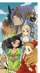4girls blindfold castle castle_crashers cat dark_skin dark-skinned_female multiple_girls princess sky yukiyanagi