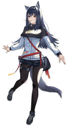 1girl absurdres animal_ear_fluff animal_ears arknights black_capelet black_hair black_pantyhose black_shoes black_shorts black_tail capelet commentary food food_in_mouth full_body hair_between_eyes highres jacket long_hair long_sleeves looking_ahead mouth_hold pantyhose pocky pocky_in_mouth shoes short_shorts shorts solo star_(symbol) tail takiren texas_(arknights) thigh_strap white_jacket wolf_ears wolf_girl wolf_tail yellow_eyes