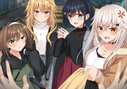 Rule 34 | 4girls, ahoge, anger vein, beret, black choker, black hair, black headwear, black hoodie, black ribbon, black shirt, black skirt, blonde hair, blue eyes, blurry, blurry background, blush, breasts, brown hair, brown jacket, brown scarf, choker, cleavage, clothes grab, commentary request, depth of field, dress, etna (kuzuyu), fur-trimmed jacket, fur trim, green dress, green eyes, grey hair, grey jacket, grey skirt, hair ornament, hair ribbon, hairband, hairclip, haru (kuzuyu), hat, highres, hood, hood down, hoodie, jacket, jacket on shoulders, komori kuzuyu, long hair, long sleeves, medium breasts, multiple girls, nao (kuzuyu), neckwear grab, one side up, open clothes, open jacket, original, pleated skirt, puffy long sleeves, puffy sleeves, red eyes, red skirt, ribbed sweater, ribbon, rivier (kuzuyu), scarf, scarf grab, shirt, skirt, sleeves past wrists, steepled fingers, strapless, strapless dress, sweater, turtleneck, turtleneck sweater, very long hair, white hairband, white shirt, white sweater, x hair ornament