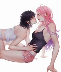 2girls alien_stage all_fours arm_support bare_arms bare_legs bare_shoulders black_camisole black_hair breasts camisole cleavage closed_eyes closed_mouth commentary couple dolphin_shorts earrings english_commentary gradient_hair half-closed_eyes hand_on_another&#039;s_stomach highres imminent_kiss jewelry lips lipstick long_hair looking_at_another makeup medium_breasts midriff mizi_(alien_stage) multicolored_hair multiple_girls neck off_shoulder panties parted_lips pearl_earrings pink_hair purple_hair red_lips red_shorts short_hair short_shorts shorts sitting strap_slip stud_earrings sua_(alien_stage) two-tone_hair underwear white_camisole white_panties xuev_artist yellow_eyes yuri