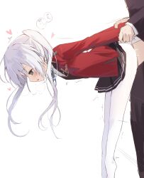 1boy 1girl black_pants black_skirt blue_ribbon bright_pupils clothed_sex collared_shirt commentary_request double_horizontal_stripe feet_out_of_frame fortune_arterial from_side green_eyes heart heart-shaped_pupils highres jacket lapels layered_sleeves long_hair miniskirt neck_ribbon notched_lapels open_mouth pants pantyhose pleated_skirt profile red_jacket ribbon sex sex_from_behind shirt sideways_mouth simple_background skirt solo_focus standing standing_sex symbol-shaped_pupils takepoison tougi_shiro twintails white_background white_hair white_pantyhose white_pupils white_shirt