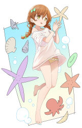 Rule 34 | 1girl, abe kanari, bikini, bikini under clothes, bow, braid, brown hair, conch, frilled bikini, frills, full body, hair bow, hair ornament, hairclip, high school fleet, highres, low twintails, octopus, open mouth, scallop, smile, solo, swimsuit, swimsuit under clothes, twin braids, twintails, yamabe ayumi, yellow bikini, yellow eyes