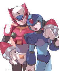 2boys arm_around_shoulder armor blonde_hair blue_eyes codpiece forehead_jewel gauntlets gloves green_eyes helmet highres long_hair looking_at_another mega_man_(series) mega_man_x_(series) multiple_boys ponytail shoulder_armor smile vani_(hisha_04) white_background x_(mega_man) zero_(mega_man)