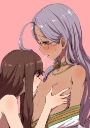 10s 2girls ahoge bindi blush breast_sucking breasts brown_hair clearite closed_eyes dark-skinned_female dark_skin fate/extra fate_(series) glasses grey_hair half-closed_eyes heavy_breathing kishinami_hakuno_(female) licking licking_breast long_hair multiple_girls nipple_stimulation nipple_tweak nipples nude pink_background rani_viii rimless_eyewear simple_background small_breasts upper_body yuri