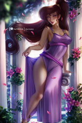 1girl breasts disney dress flower garden hercules_(1997_movie) legs long_hair looking_at_viewer medium_breasts megara_(disney) olchas ponytail purple_dress purple_eyes sandals side_slit sleeveless smile solo