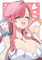 1girl baby_bottle blush bottle breasts chacha_kamimaru cleavage crying female_focus hanazono_hahari heart heart-shaped_pupils highres holding holding_bottle holding_rattle kimi_no_koto_ga_dai_dai_dai_dai_daisuki_na_100-nin_no_kanojo large_breasts long_hair mature_female motion_blur outline pink_background pink_hair rattle simple_background solo streaming_tears symbol-shaped_pupils tears upper_body white_outline