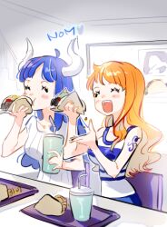 2girls bare_shoulders blue_hair blush blush_stickers breasts closed_eyes commentary cup drinking_straw eating food holding holding_cup holding_food horns indoors long_hair medium_breasts multiple_girls nami_(one_piece) one_piece open_mouth orange_hair raine_(acke2445) shirt short_sleeves shoulder_tattoo single_sidelock sitting sleeveless sleeveless_shirt symbol-only_commentary taco taco_bell tattoo ulti_(one_piece) upper_body wavy_hair white_shirt