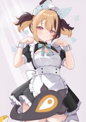 Rule 34 | 1girl, :3, alternate costume, apron, back bow, black dress, blonde hair, blue bow, blue bowtie, bow, bowtie, brown hair, closed mouth, collared dress, commentary, cowboy shot, drawn ears, dress, english commentary, enmaided, frilled apron, frilled dress, frills, gigi murin, grem (gigi murin), hands up, highres, hololive, hololive english, looking at viewer, lynnavtt, maid, maid apron, maid headdress, multicolored hair, pink eyes, puffy short sleeves, puffy sleeves, short dress, short hair, short sleeves, short twintails, solo, tail, twintails, two-tone hair, virtual youtuber, white apron, wrist cuffs