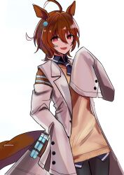 1girl :d absurdres agnes_tachyon_(umamusume) ahoge animal_ears black_pantyhose blue_necktie blue_shirt brown_hair brown_tail buttons collared_shirt commentary cowboy_shot earrings hair_between_eyes hand_up highres horse_ears horse_girl horse_tail jewelry lab_coat looking_at_viewer medium_hair messy_hair necktie open_mouth pantyhose pirika red_eyes shirt sidelocks simple_background single_earring sleeves_past_fingers sleeves_past_wrists smile sweater_vest tail test_tube umamusume very_long_sleeves white_background wide_sleeves yellow_sweater_vest