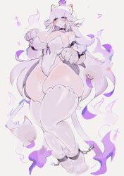 animal_ears animal_hands anklet black_choker black_sclera blush boo_(mario) breasts cat_ears cat_girl cat_paws cat_tail chain choker cleavage colored_sclera colored_tongue dress fire ghost ghost_flame highres huge_breasts jewelry kemonomimi_mode long_ears long_hair luigi&#039;s_mansion mario_(series) multicolored_hair new_super_mario_bros._u_deluxe nintendo pointy_ears princess_king_boo purple_eyes purple_fire purple_hair purple_tongue sideboob super_crown tail thick_thighs thighhighs thighs usa37107692 very_long_hair white_dress white_hair white_thighhighs wide_hips
