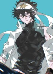 Rule 34 | 1boy, aotu world, artist name, bandana, bare shoulders, black hair, black shirt, blue background, blue pants, blurry, chinese commentary, chinese text, closed mouth, covered pectorals, fang, fang out, hair between eyes, headband, highres, jacket, liaoxiaoyan0919, looking at viewer, male focus, midriff peek, navel, off shoulder, open clothes, open jacket, pants, pectorals, pointy ears, purple eyes, ray (aotu world), shirt, short hair, short sleeves, simple background, sitting, sleeveless, sleeveless shirt, smile, solo, star (symbol), star print, tight clothes, tight shirt, toned, toned male, turtleneck, white headband, white jacket