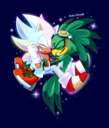 2boys alternate_form animal_ears bad_deviantart_id bad_id beak bird_boy bird_tail closed_eyes commentary couple english_commentary furry furry_male furry_with_furry glowing goggles goggles_on_head hedgehog_boy highres hug hyper_sonic jet_the_hawk male_focus multiple_boys shoes smile sonic_(series) sonic_riders_(series) sonic_the_hedgehog sparkle survivalstep tail yaoi