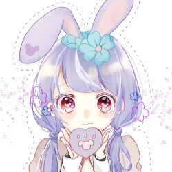 1girl animal_ears animification cosplay duffy_and_friends flower hair_flower hair_ornament highres holding humanization long_hair long_sleeves looking_at_viewer low_twintails mickey_mouse mickey_mouse_(cosplay) mmmm_n18 pink_eyes purple_hair rabbit_ears shirt smile solo stellalou twintails